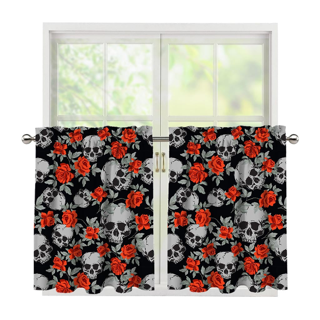 Red Rose Grey Skull Pattern Print Tier Curtains