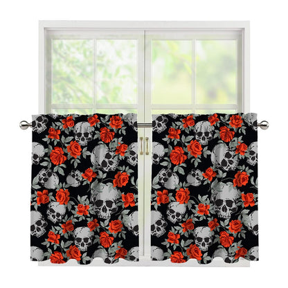 Red Rose Grey Skull Pattern Print Tier Curtains