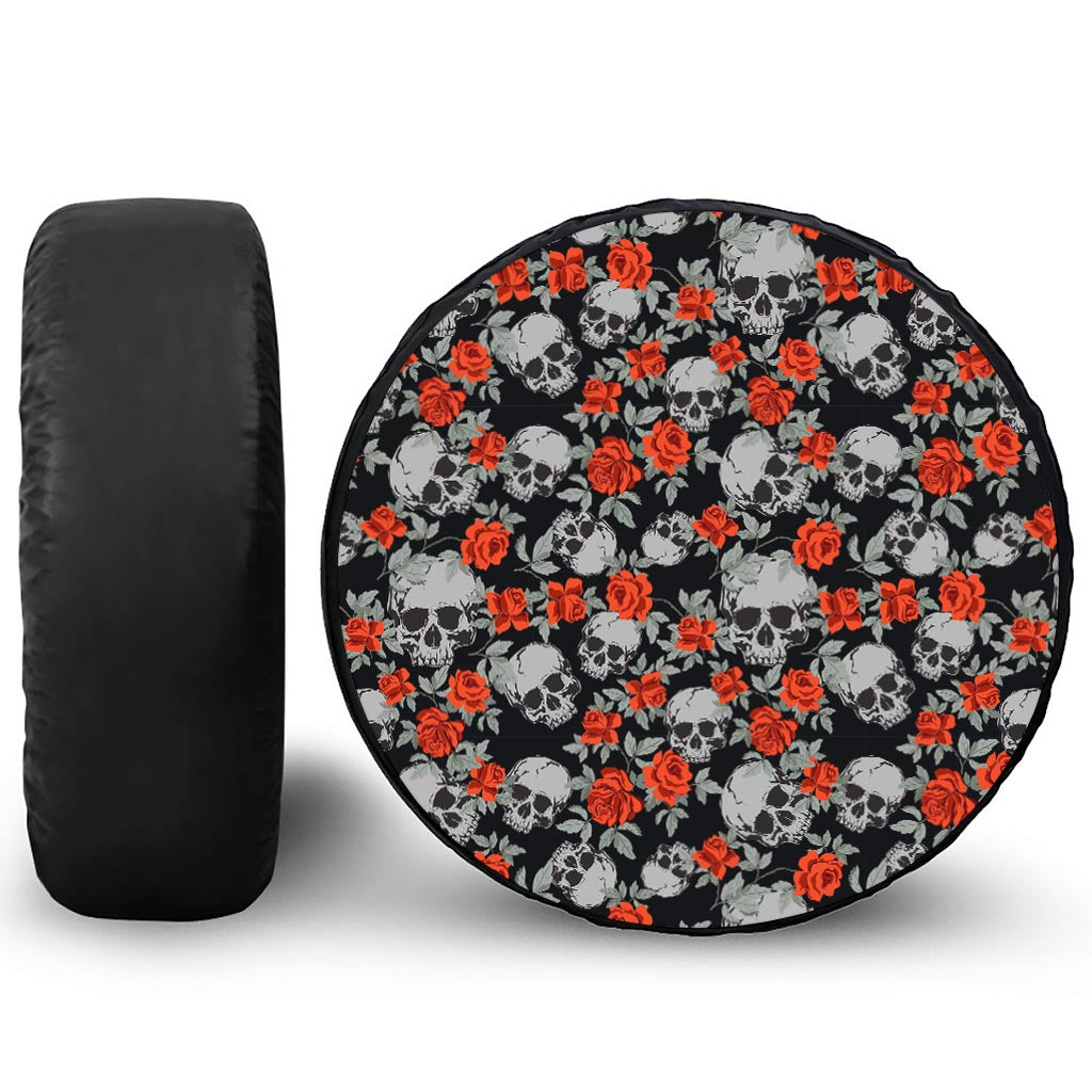 Red Rose Grey Skull Pattern Print Tire Cover