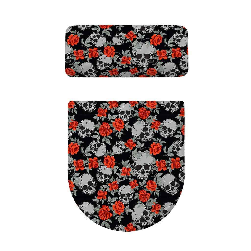 Red Rose Grey Skull Pattern Print Toilet Lid And Tank Cover Set