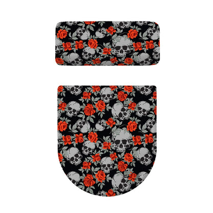 Red Rose Grey Skull Pattern Print Toilet Lid And Tank Cover Set