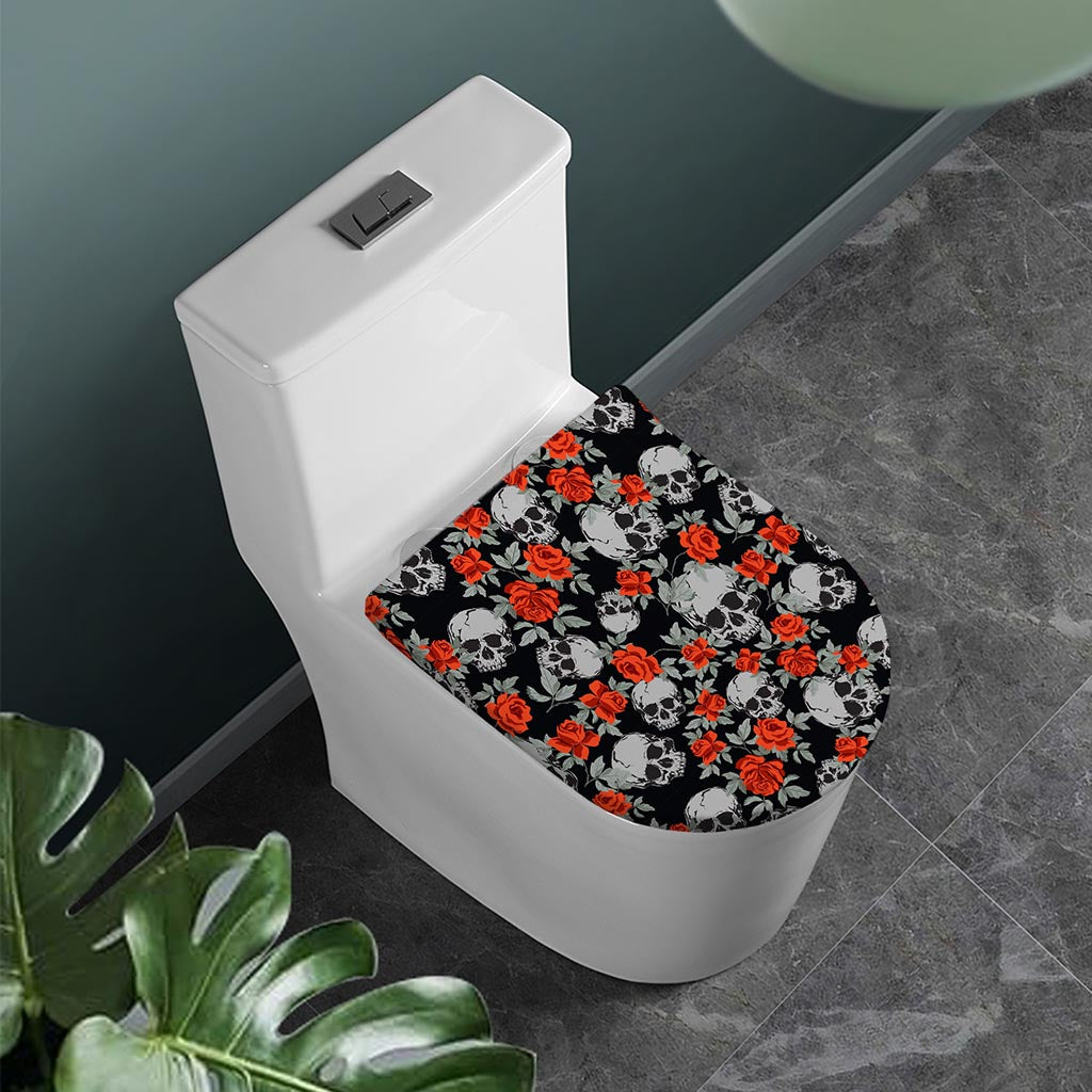 Red Rose Grey Skull Pattern Print Toilet Lid Cover