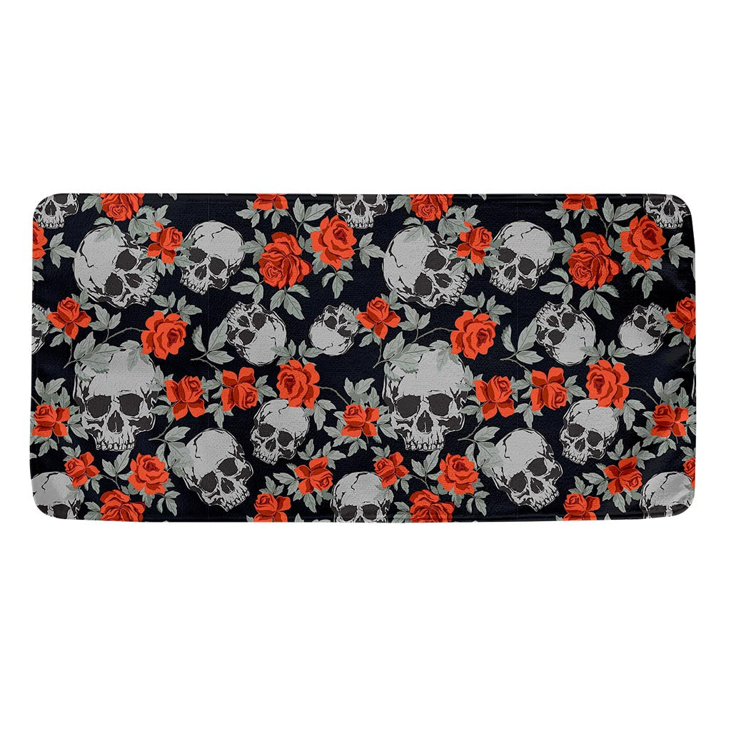 Red Rose Grey Skull Pattern Print Towel