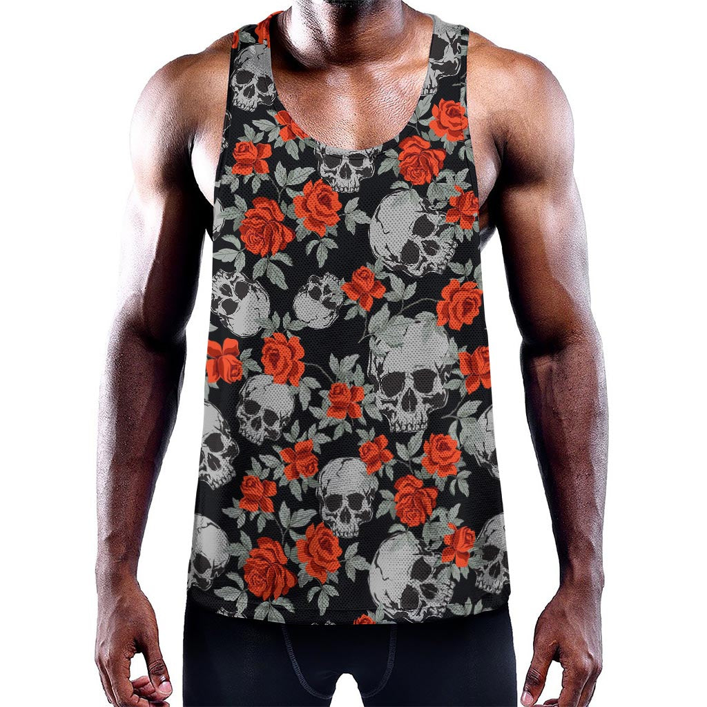 Red Rose Grey Skull Pattern Print Training Tank Top