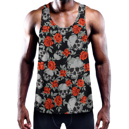 Red Rose Grey Skull Pattern Print Training Tank Top