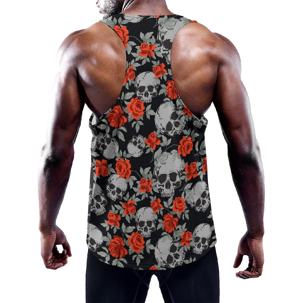 Red Rose Grey Skull Pattern Print Training Tank Top