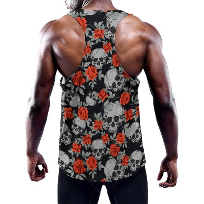 Red Rose Grey Skull Pattern Print Training Tank Top