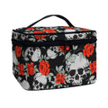 Red Rose Grey Skull Pattern Print Travel Makeup Bag