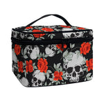 Red Rose Grey Skull Pattern Print Travel Makeup Bag