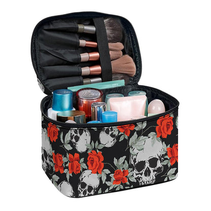 Red Rose Grey Skull Pattern Print Travel Makeup Bag