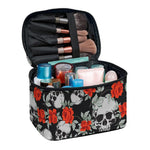 Red Rose Grey Skull Pattern Print Travel Makeup Bag
