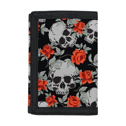 Red Rose Grey Skull Pattern Print Trifold Wallet