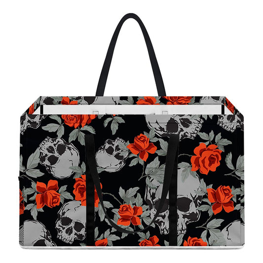 Red Rose Grey Skull Pattern Print Utility Tote Bag
