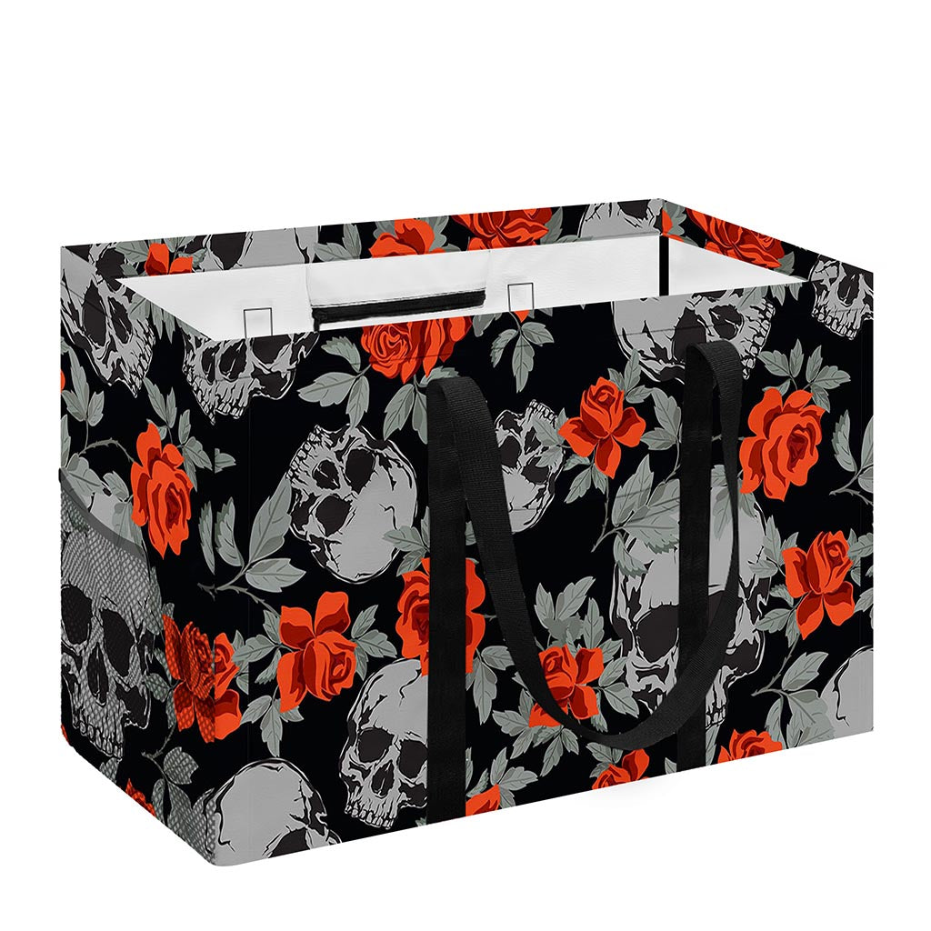 Red Rose Grey Skull Pattern Print Utility Tote Bag