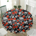 Red Rose Grey Skull Pattern Print Waterproof Round Tablecloth