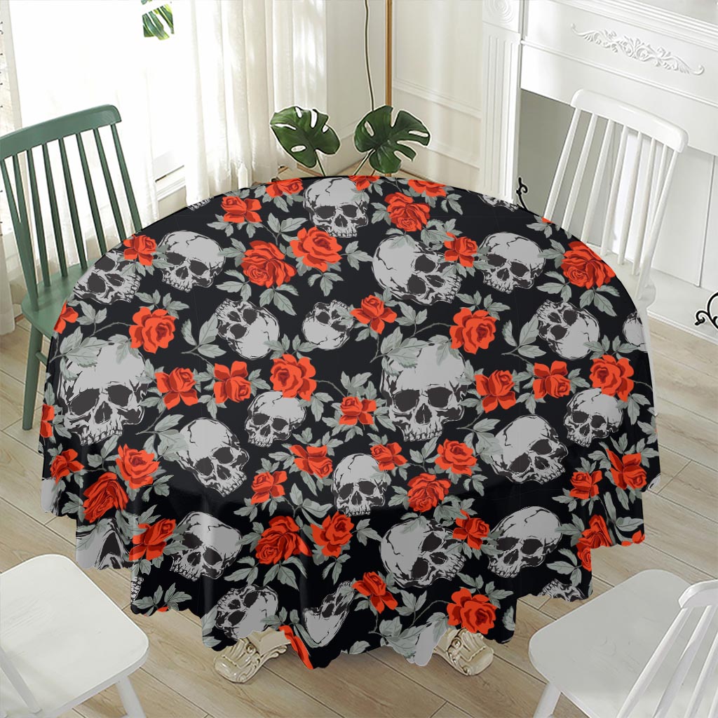 Red Rose Grey Skull Pattern Print Waterproof Round Tablecloth