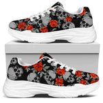 Red Rose Grey Skull Pattern Print White Chunky Shoes