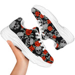 Red Rose Grey Skull Pattern Print White Chunky Shoes