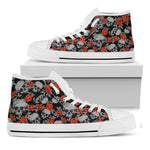 Red Rose Grey Skull Pattern Print White High Top Sneakers