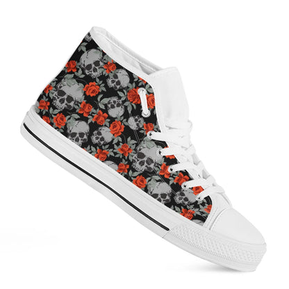 Red Rose Grey Skull Pattern Print White High Top Sneakers