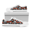 Red Rose Grey Skull Pattern Print White Low Top Sneakers