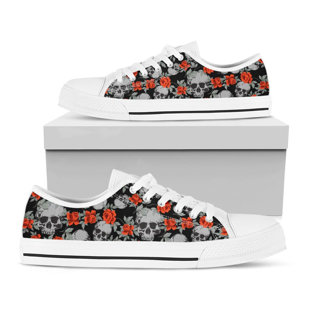 Red Rose Grey Skull Pattern Print White Low Top Sneakers