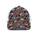 Red Rose Grey Skull Pattern Print White Mesh Trucker Hat