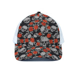 Red Rose Grey Skull Pattern Print White Mesh Trucker Cap
