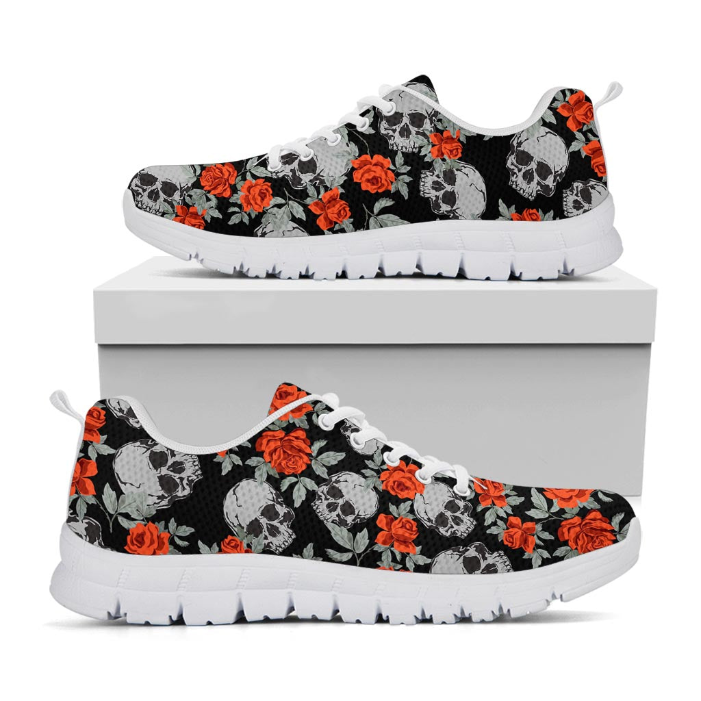 Red Rose Grey Skull Pattern Print White Running Shoes