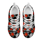 Red Rose Grey Skull Pattern Print White Running Shoes