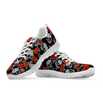 Red Rose Grey Skull Pattern Print White Running Shoes