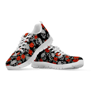 Red Rose Grey Skull Pattern Print White Running Shoes