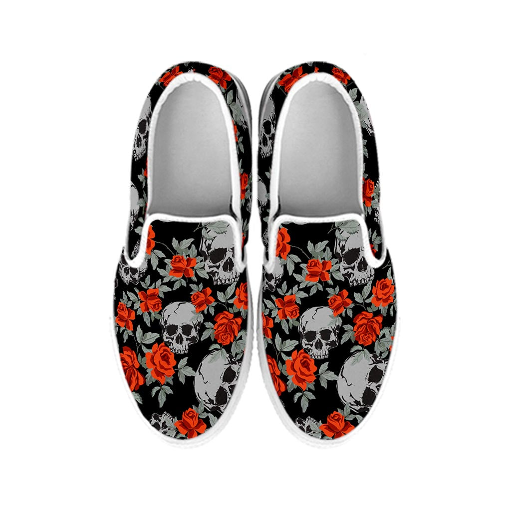 Red Rose Grey Skull Pattern Print White Slip On Sneakers