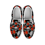 Red Rose Grey Skull Pattern Print White Slip On Sneakers