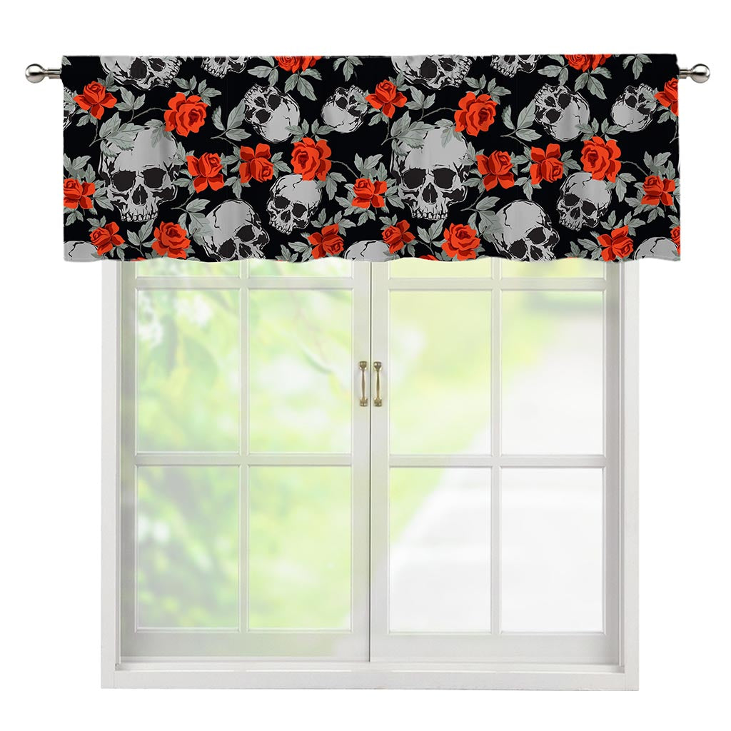 Red Rose Grey Skull Pattern Print Window Valance