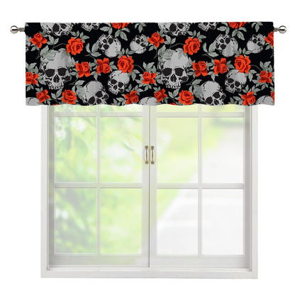Red Rose Grey Skull Pattern Print Window Valance