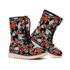 Red Rose Grey Skull Pattern Print Winter Boots