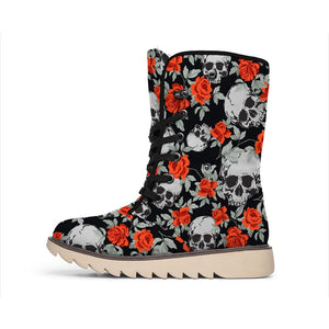 Red Rose Grey Skull Pattern Print Winter Boots