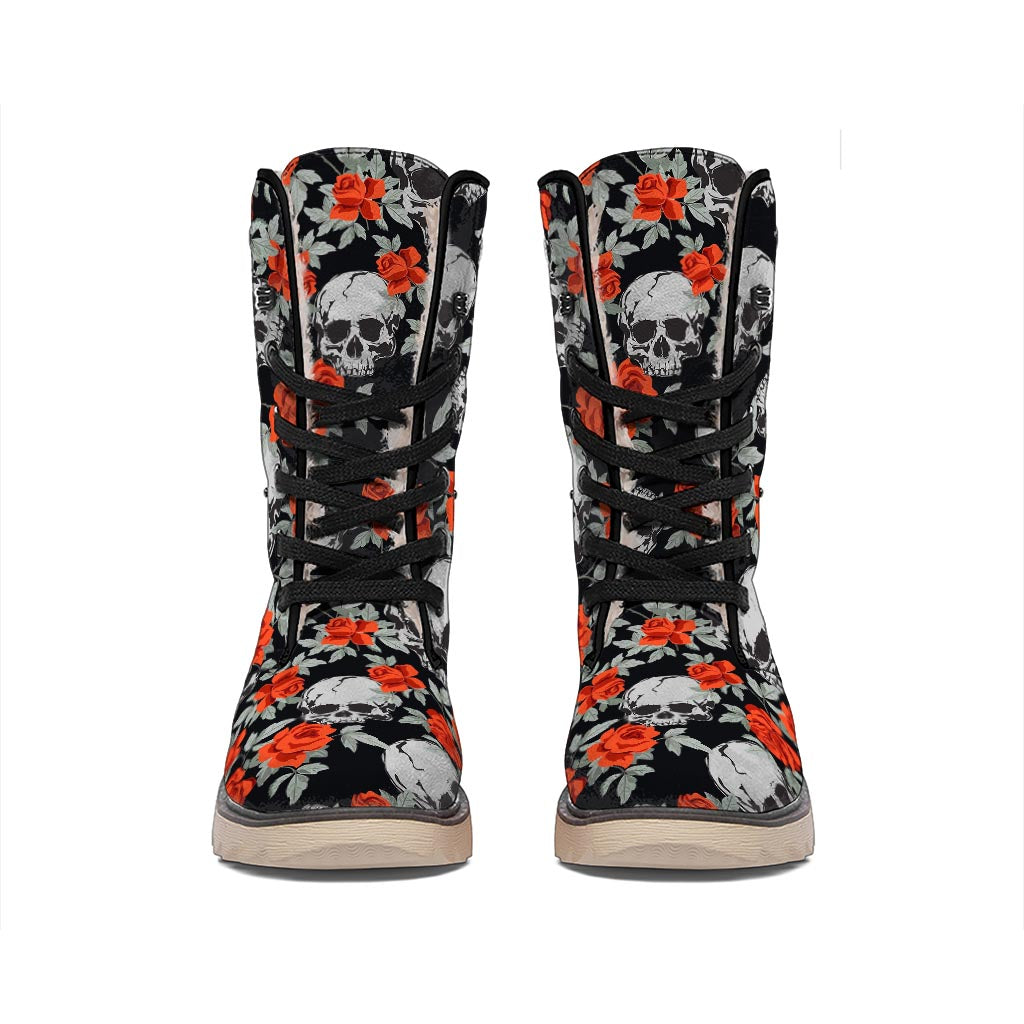 Red Rose Grey Skull Pattern Print Winter Boots