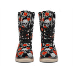 Red Rose Grey Skull Pattern Print Winter Boots