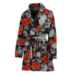 Red Rose Grey Skull Pattern Print Women's Bathrobe