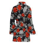 Red Rose Grey Skull Pattern Print Women's Bathrobe
