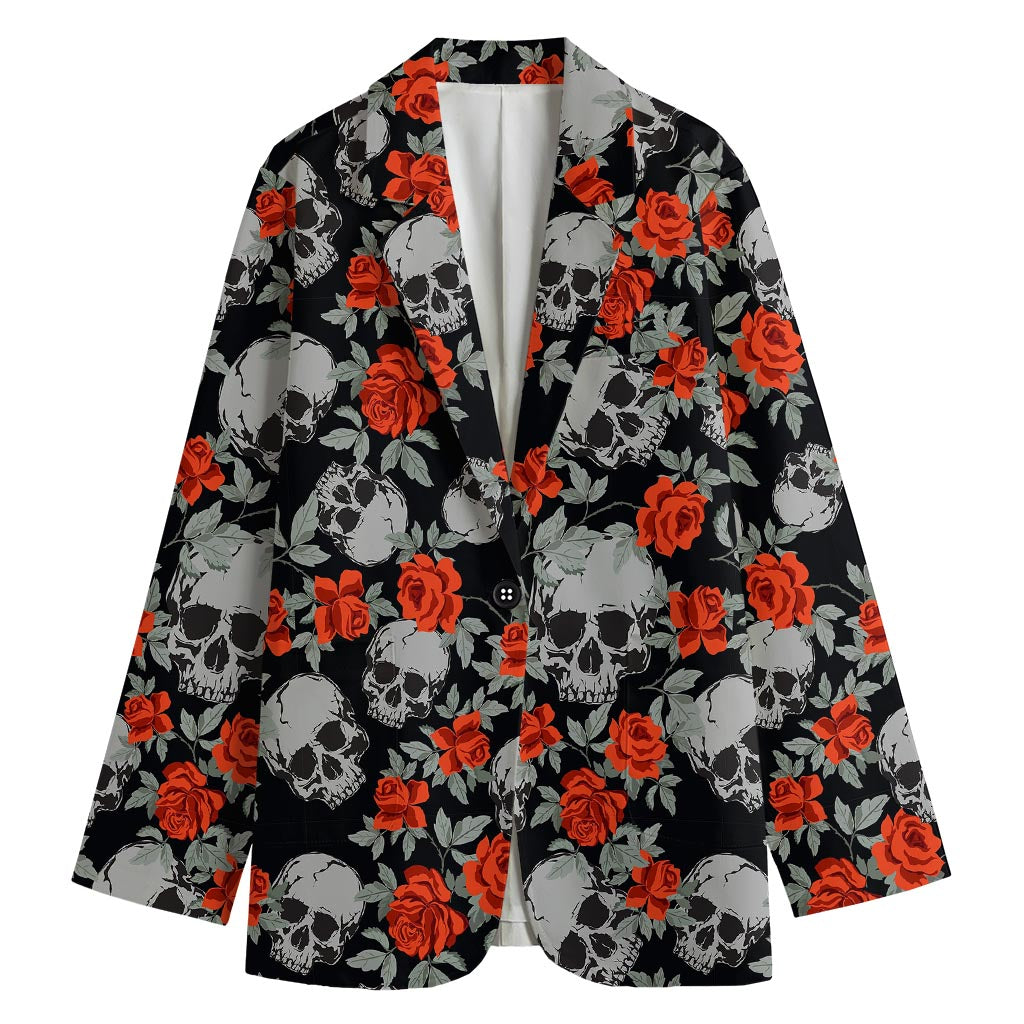 Red Rose Grey Skull Pattern Print Women's Blazer