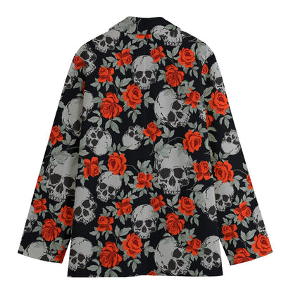 Red Rose Grey Skull Pattern Print Women's Blazer