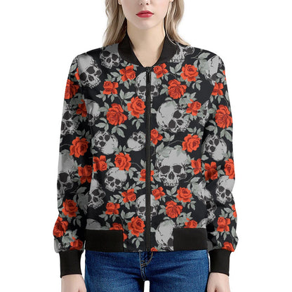 Red Rose Grey Skull Pattern Print Women's Bomber Jacket