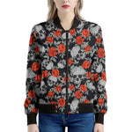 Red Rose Grey Skull Pattern Print Women's Bomber Jacket