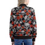 Red Rose Grey Skull Pattern Print Women's Bomber Jacket