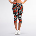 Red Rose Grey Skull Pattern Print Women's Capri Leggings