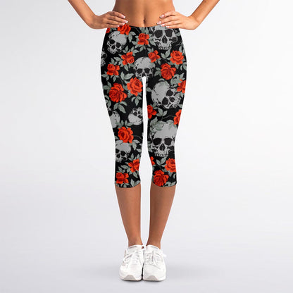Red Rose Grey Skull Pattern Print Women's Capri Leggings