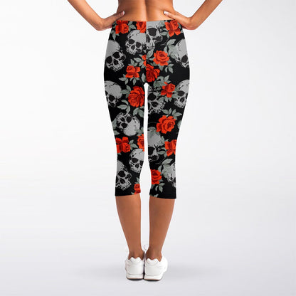 Red Rose Grey Skull Pattern Print Women's Capri Leggings